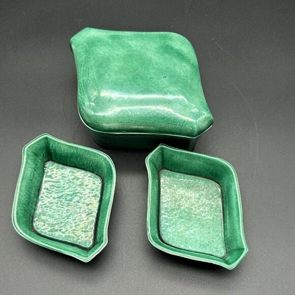 Handmade Other - Vintage 1955 Studio Art Pottery Set Ceramic Green Glazed Box + 2 Side Dishes